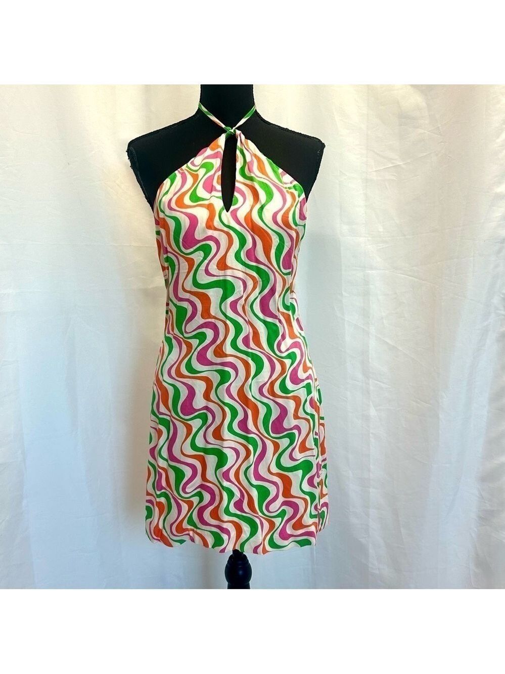 Zara multicoloured swirl print retro 70s peephole halter top mini dress L NWOT